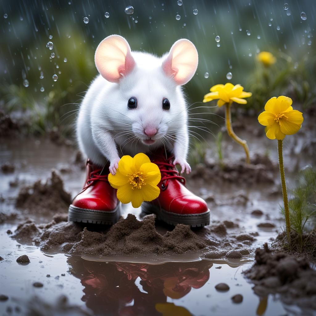 Whimsical Mouse Dances in Rainy Mud Puddle