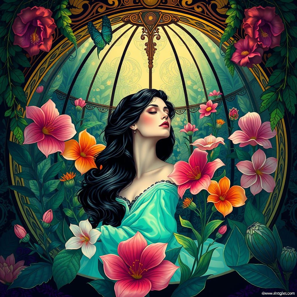Elegant Woman in a Glass Dome of Art Nouveau Beauty