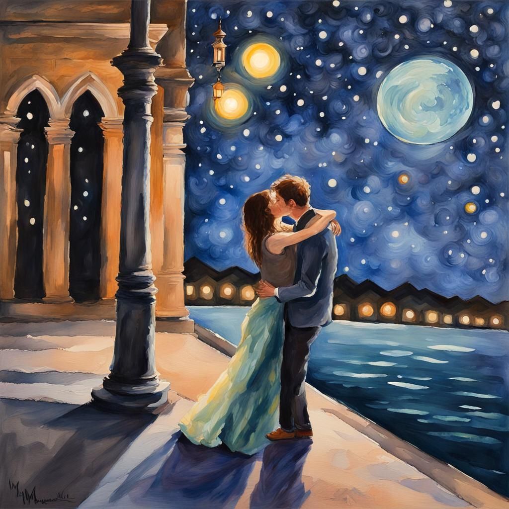 Romantic Kiss Under Stars in Gouache Watercolor Style