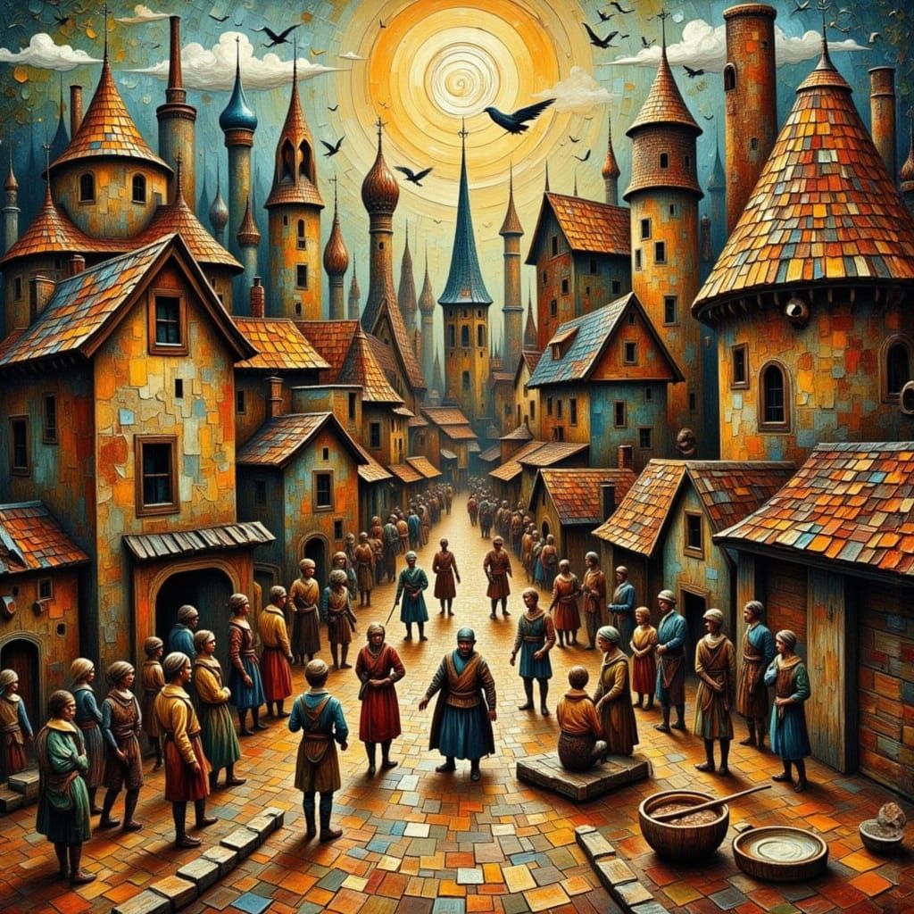 Medieval Villagers in Cubist Impasto Style