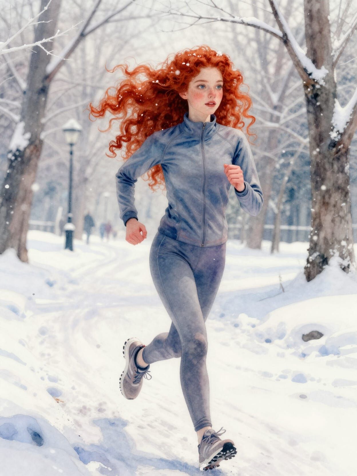 Winter Runner With Red Hair in Snowy Park