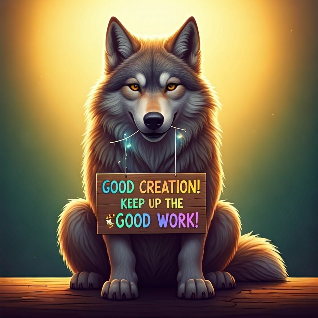 Majestic Wolf Holds Vibrant Sign in Whimsical Landscape