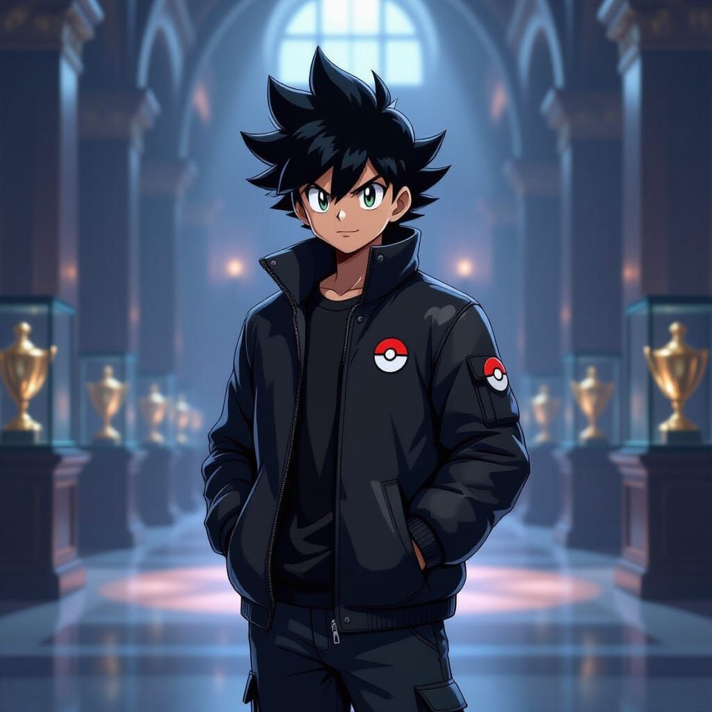 Pokemon Master in Grand Hall: Hyperrealistic Digital Art