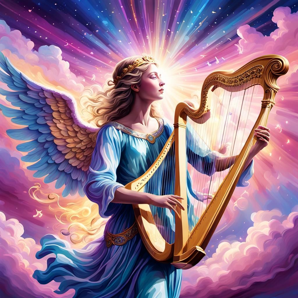 Majestic Angel Playing Harp in Expressionist Digital Art