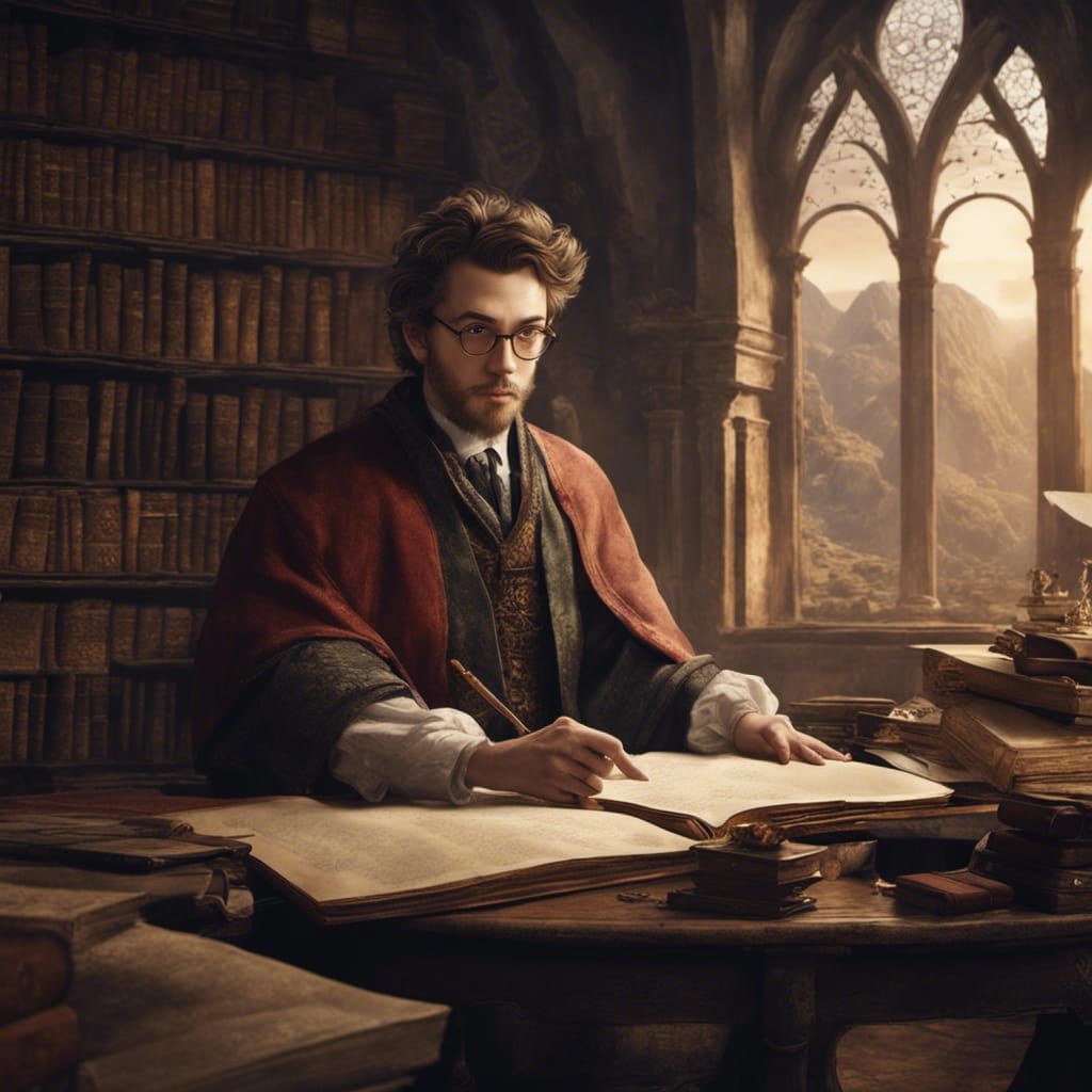 Young Scholar Studying Ancient Manuscript: Fantasy Art