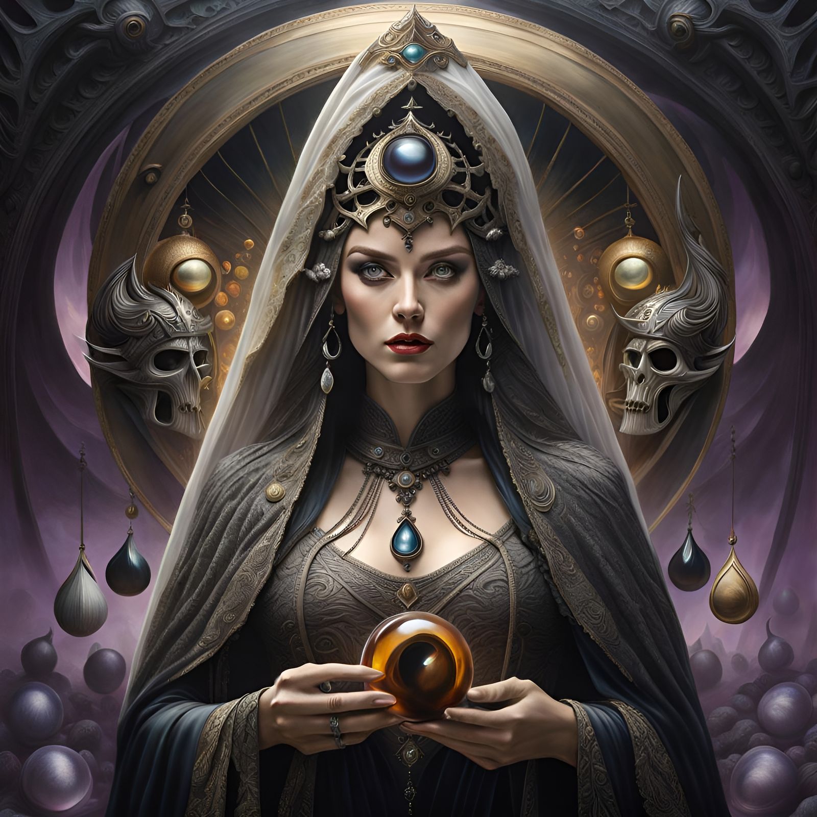 Surreal Veil Woman with Vikings, Digital Oil Painting