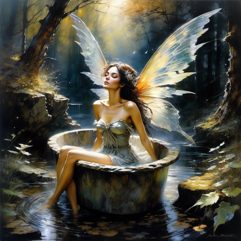 Enchanted Fairy Bathing in Forest, Anime Style