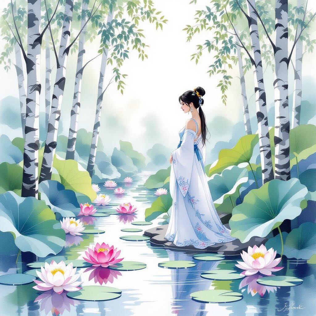 Lotus Pond Serenity: Watercolour and Gouache Style