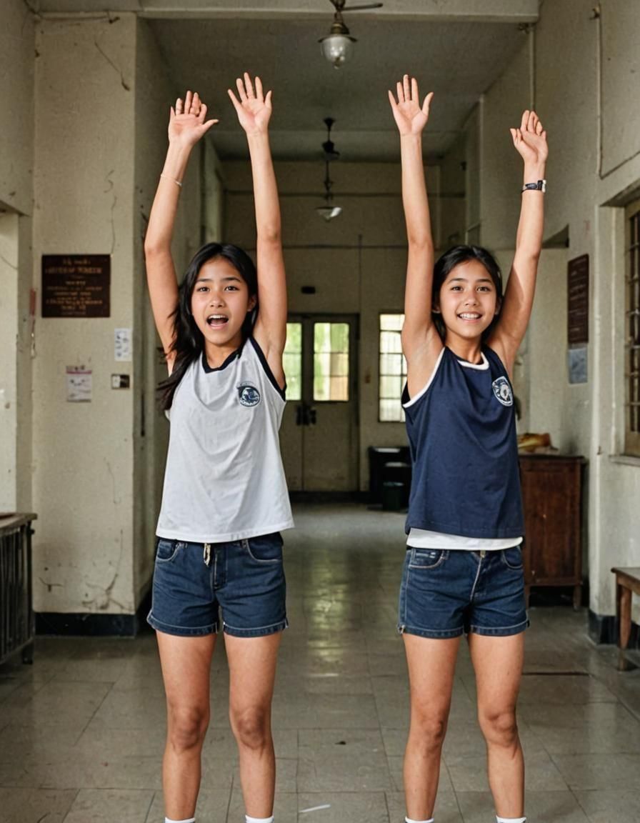 Two Girls in Hallway with Arms Raised