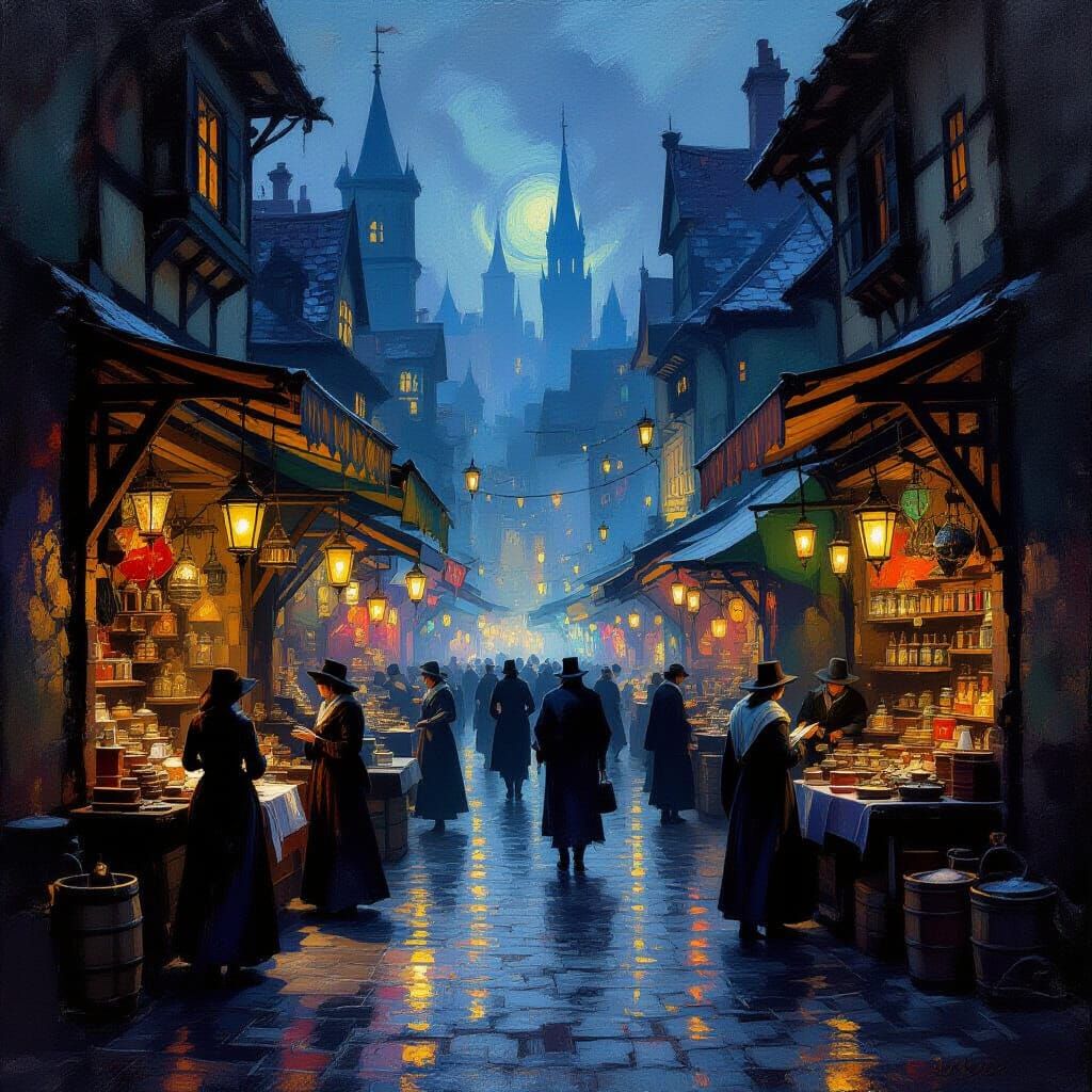 Magical Marketplace in Dark Fantasy City Painting
