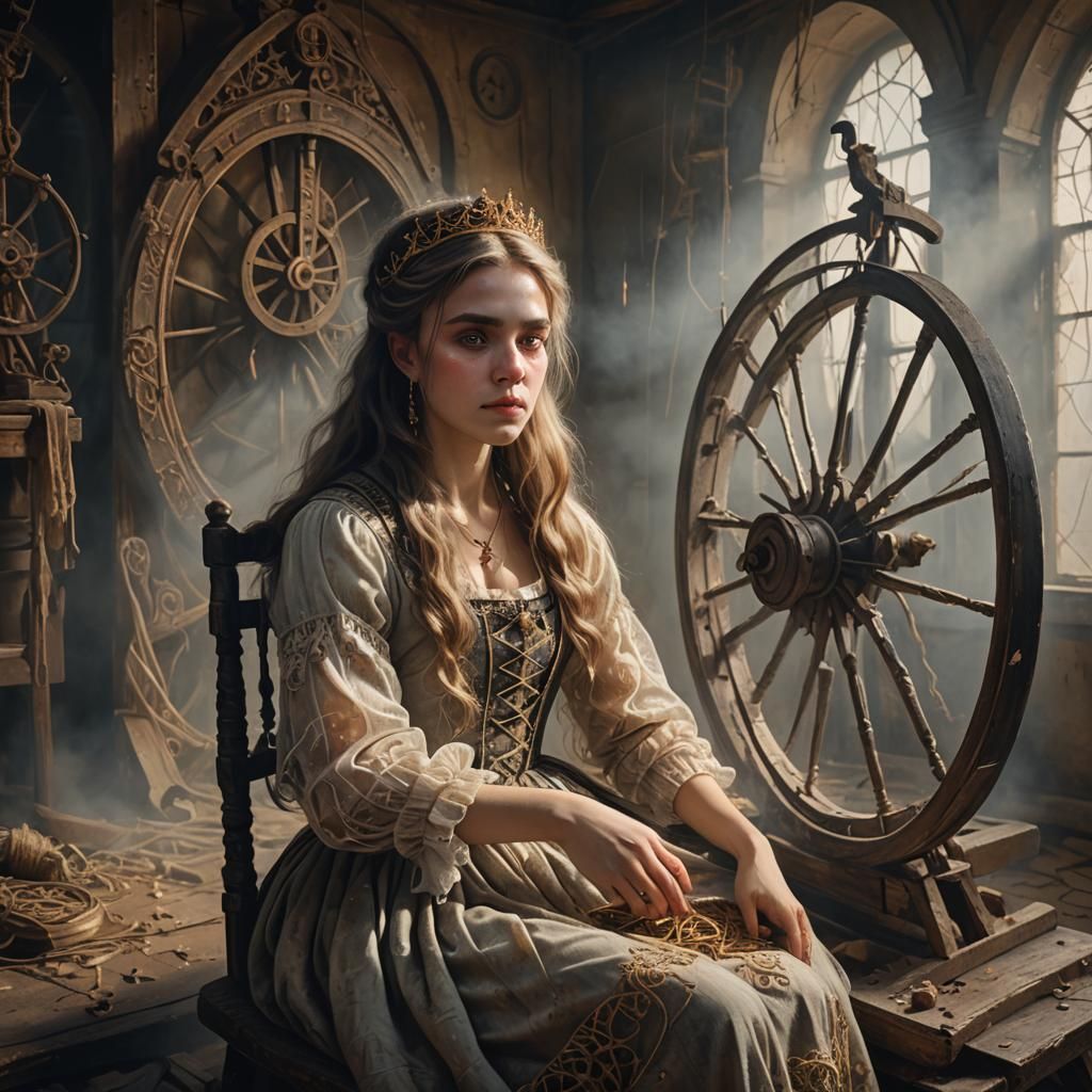 Dreamlike Princess and Spinning Wheel in Surreal Oil Paintin...