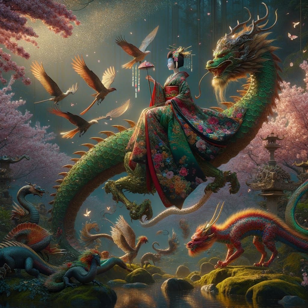 Geisha on Qilin Dragon Soaring Above Cherry Blossoms