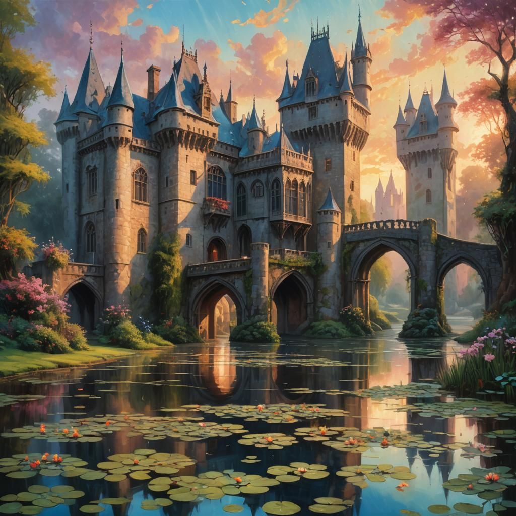 Ethereal Gothic Castle with Moat in Oil Painting Style