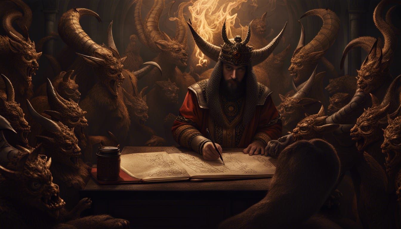 Scribe Surrounded by Demons: Detailed Matte Painting