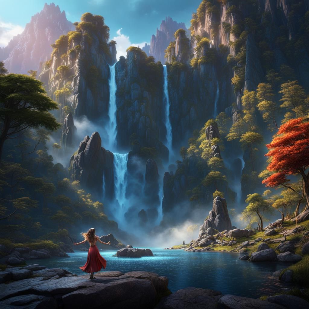Dancing Girl by Waterfall: Fantasy Concept Art