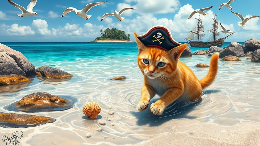 Mischievous Ginger Cat Pirate in a Secluded Cove