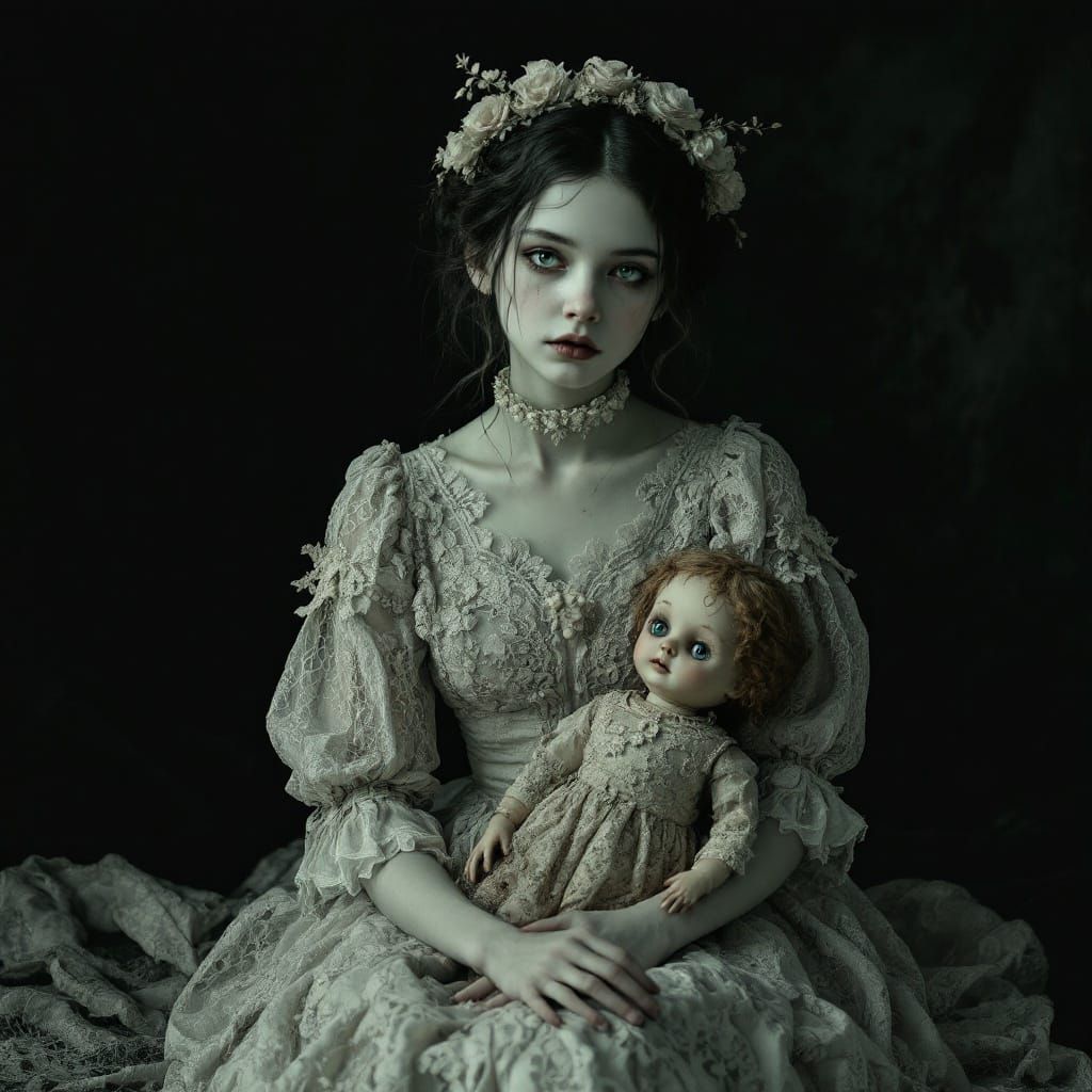 Eerie Victorian Girl with Doll, Gothic Portrait