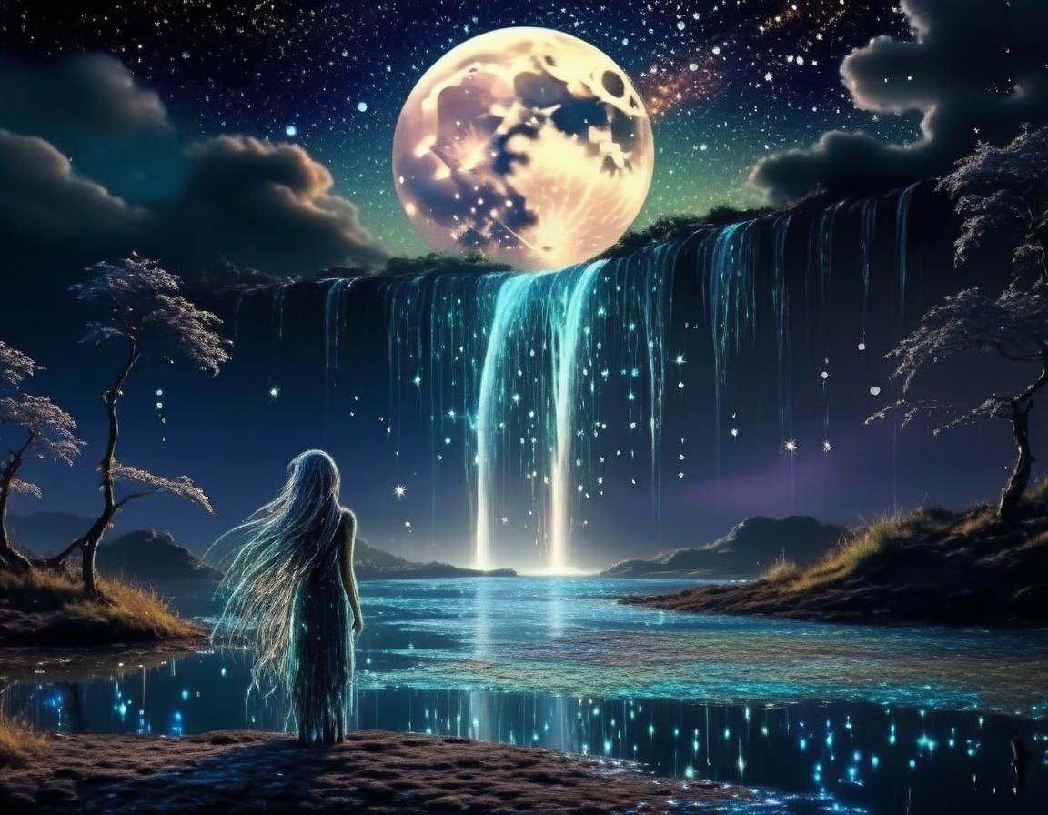 Moon Waterfall Dreamscape in Photorealistic Fantasy Art