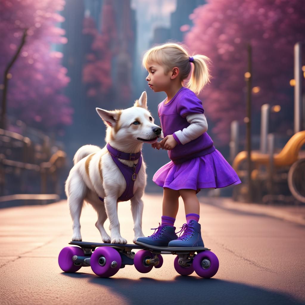 Dog Kissing Girl on Rollerskates: Detailed Matte Painting