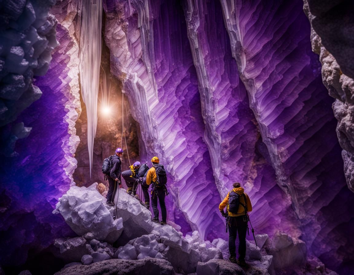 Crystal Cave Climbers: Hyperrealistic Exploration