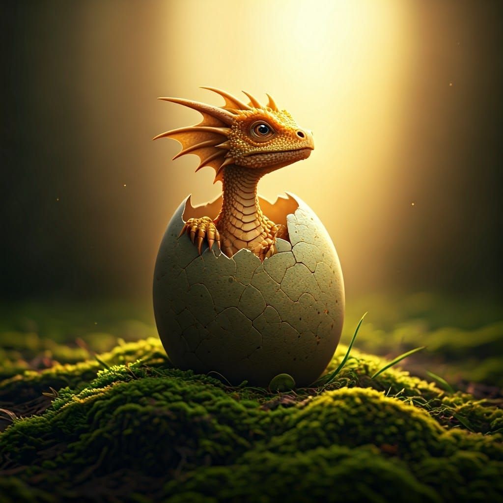 Surreal Fantasy Scene with Cracked Egg and Emerging Yellow D...