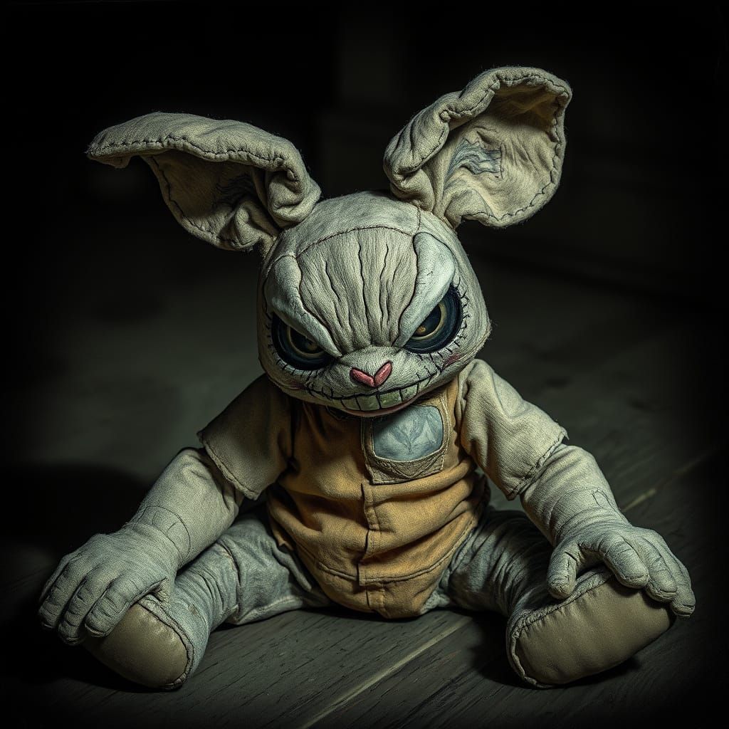 Menacing Antique Stuffed Rabbit in Dark Etching Style