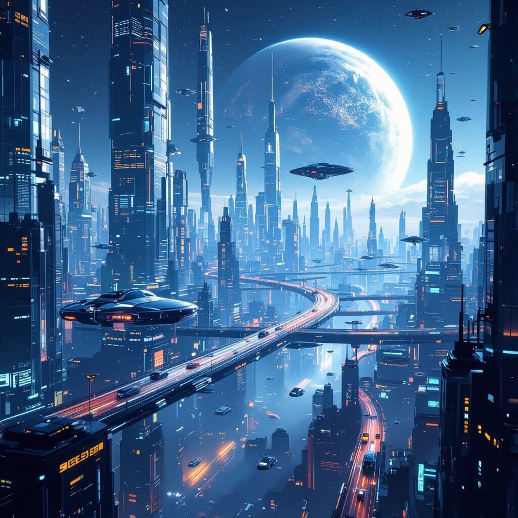 Colossal 2100 Space City with Floating Glass Buildings