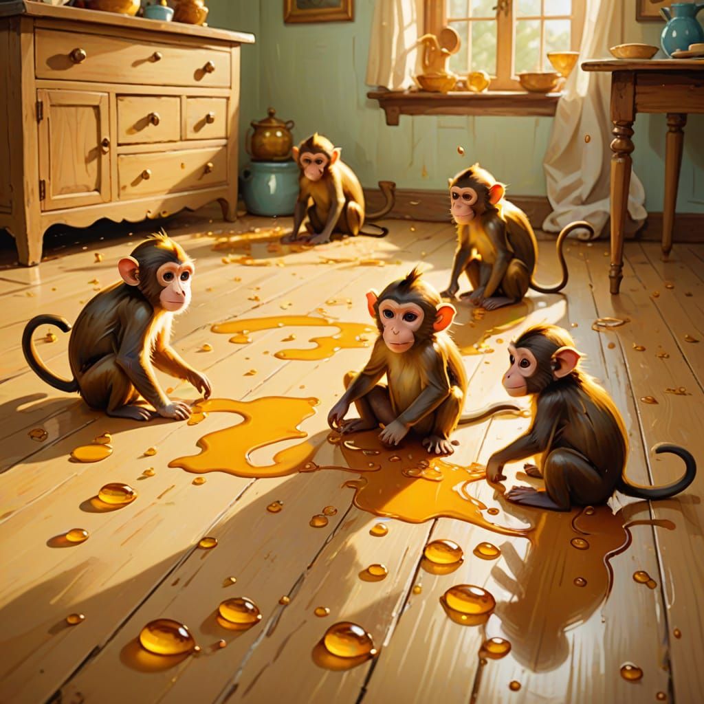 Mischievous Monkeys Amidst a Honey Spill