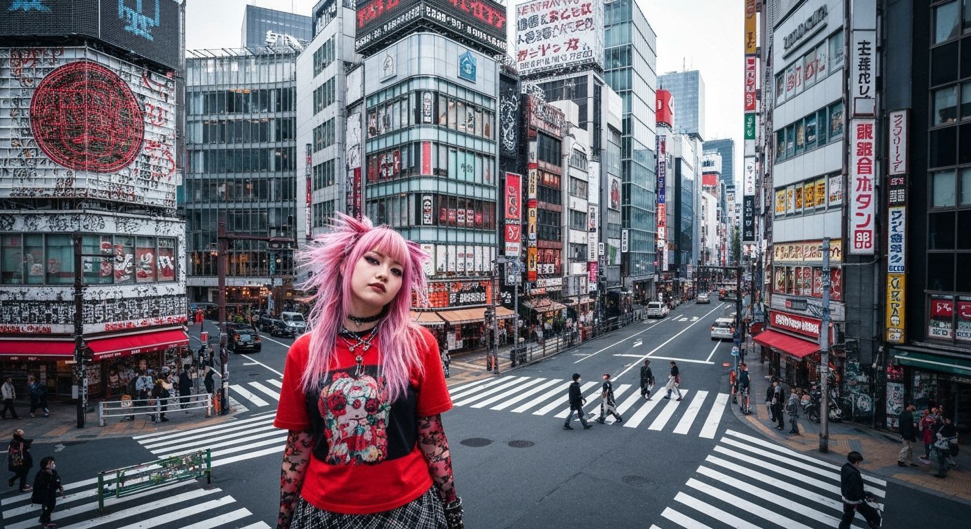 Punk Gyaru Girl in Vivid Shibuya Urban Landscape