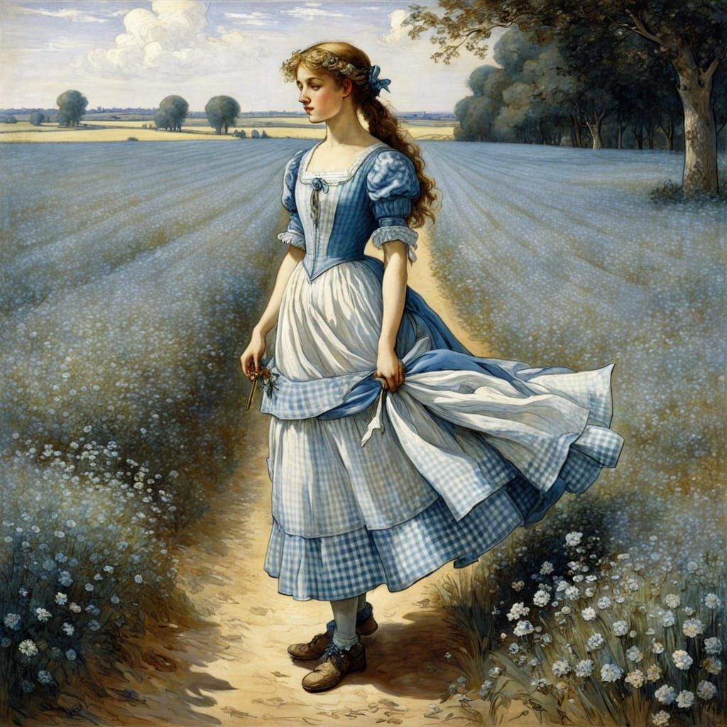 Whimsical Blue and White Gingham Girl in a Fairytale Field