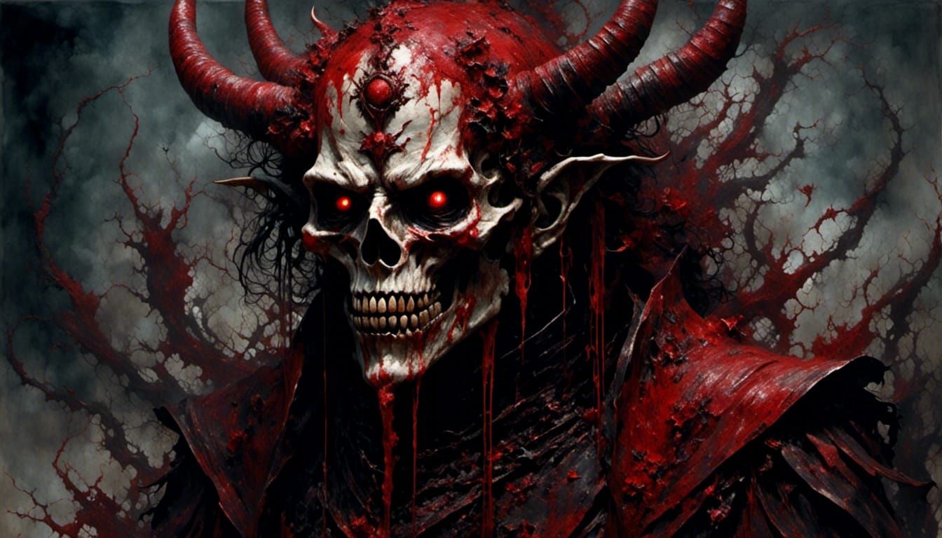 Demon faced noble+pure virtue,
Once evil, now a monster fighting his past evils. 
Textured crimson+black sea color/art i...