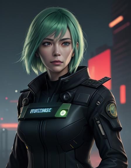 Sci-Fi Woman's Mugshot with Glowing Green Hair