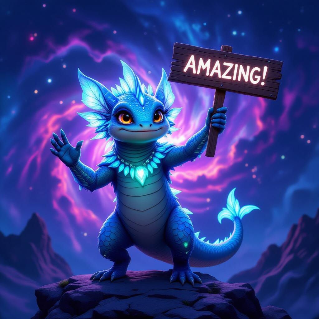 Bioluminescent Creature Holds 'AMAZING!' Sign in Nebula