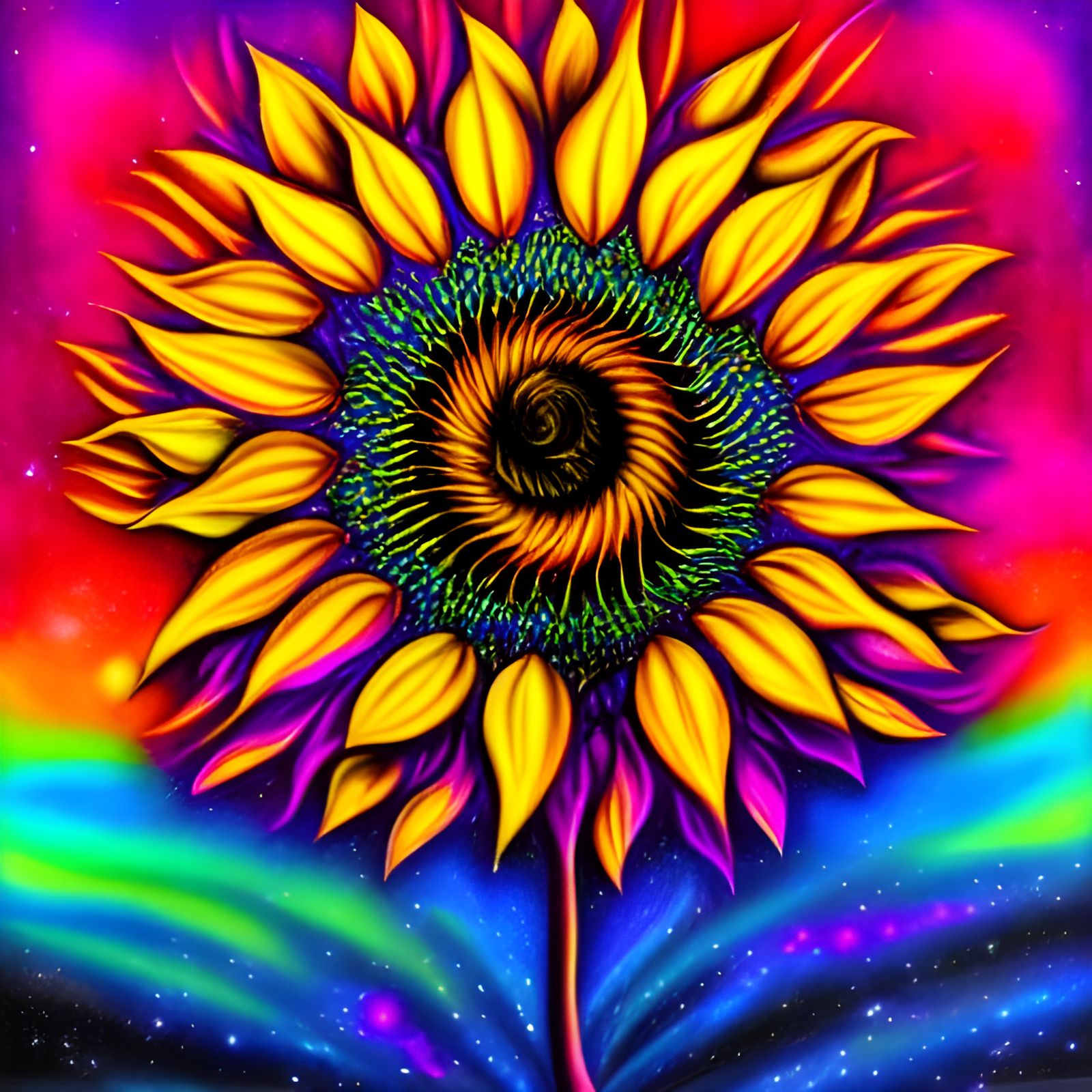 Psychedelic Sunflower in Space Airbrush Art