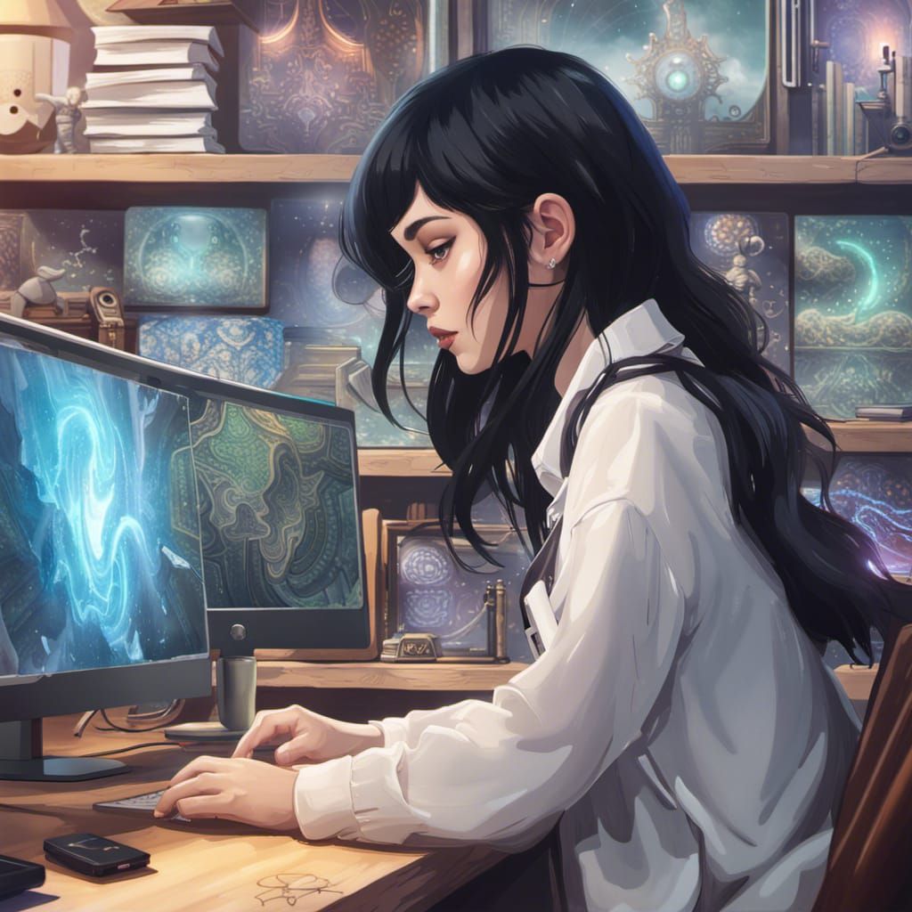 Girl Creating AI Art: Detailed Digital Illustration