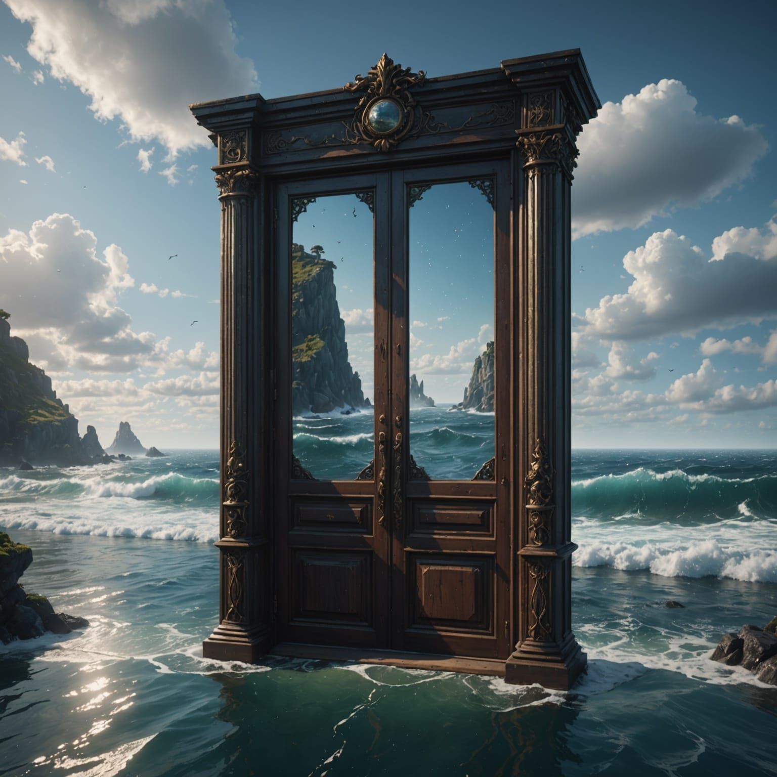 Mysterious Glass Door in Endless Ocean at Sunset