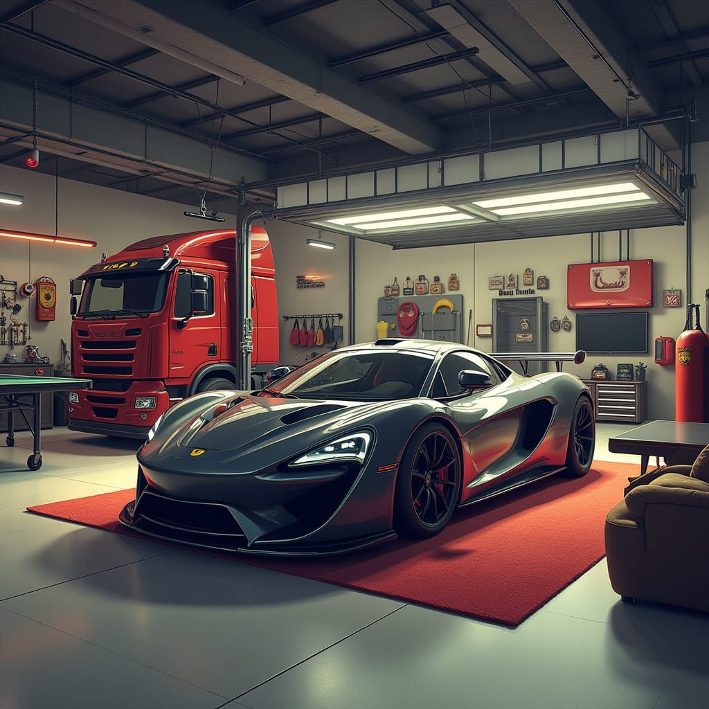 Futuristic Luxury Garage with Sports Car and Truck