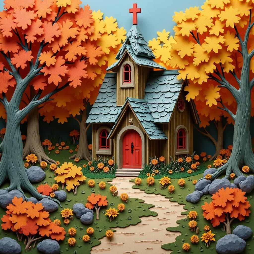 Autumn Church in 3D Paper Collage Style