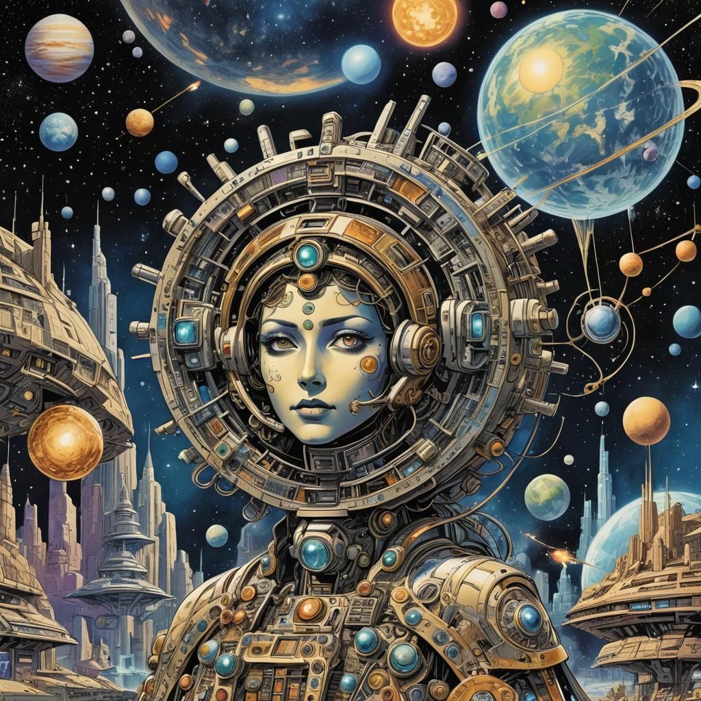 Cyborg Goddess in Cyberpunk Martian Skyline