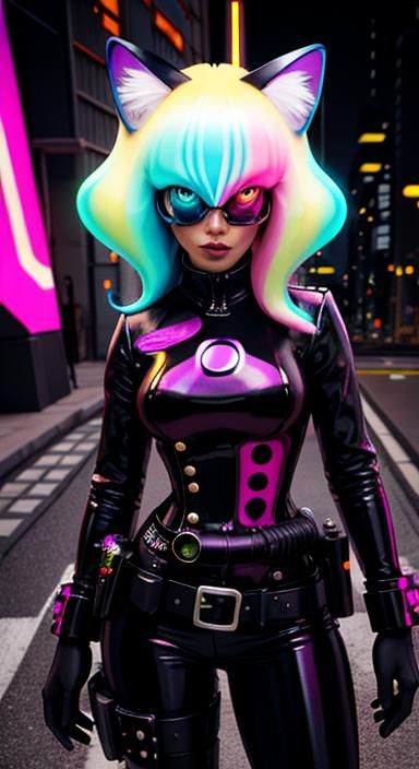 Steampunk Cat-sith Police Officer in Neon Noir Style