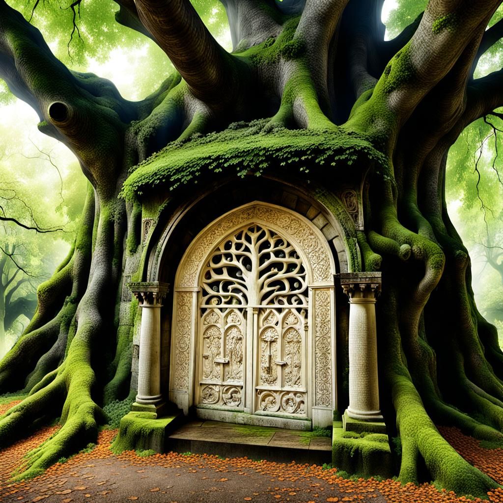 Intricately Carved Tomb Beneath Sycamore Tree