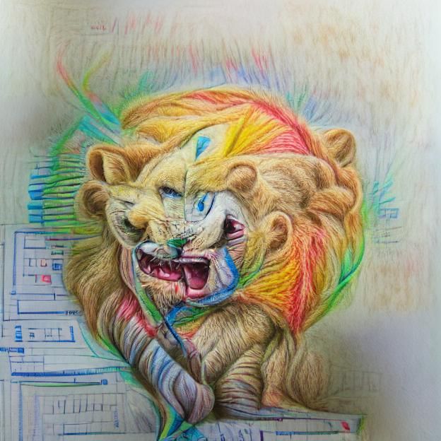 Technicolor Lion: A Vibrant Pencil Sketch