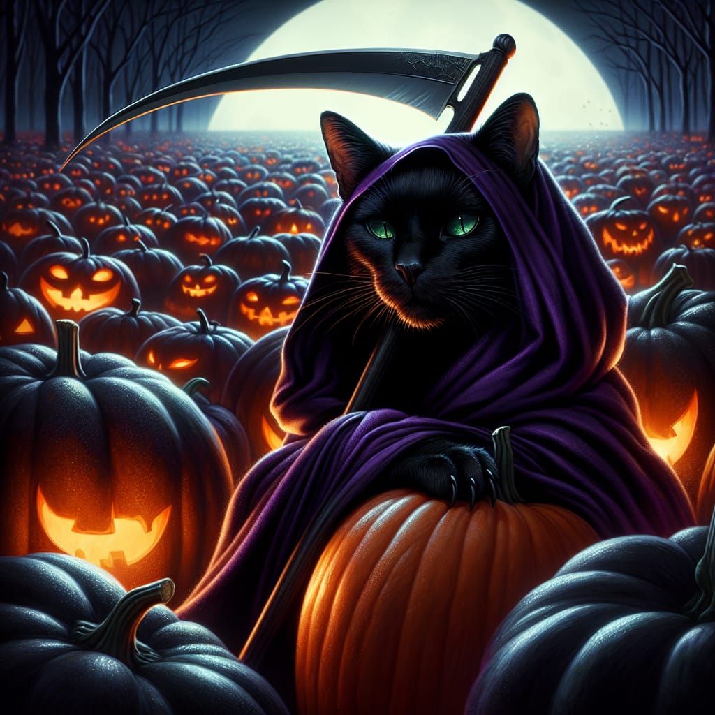 Ebony Cat as Grim Reaper in Pumpkin Patch