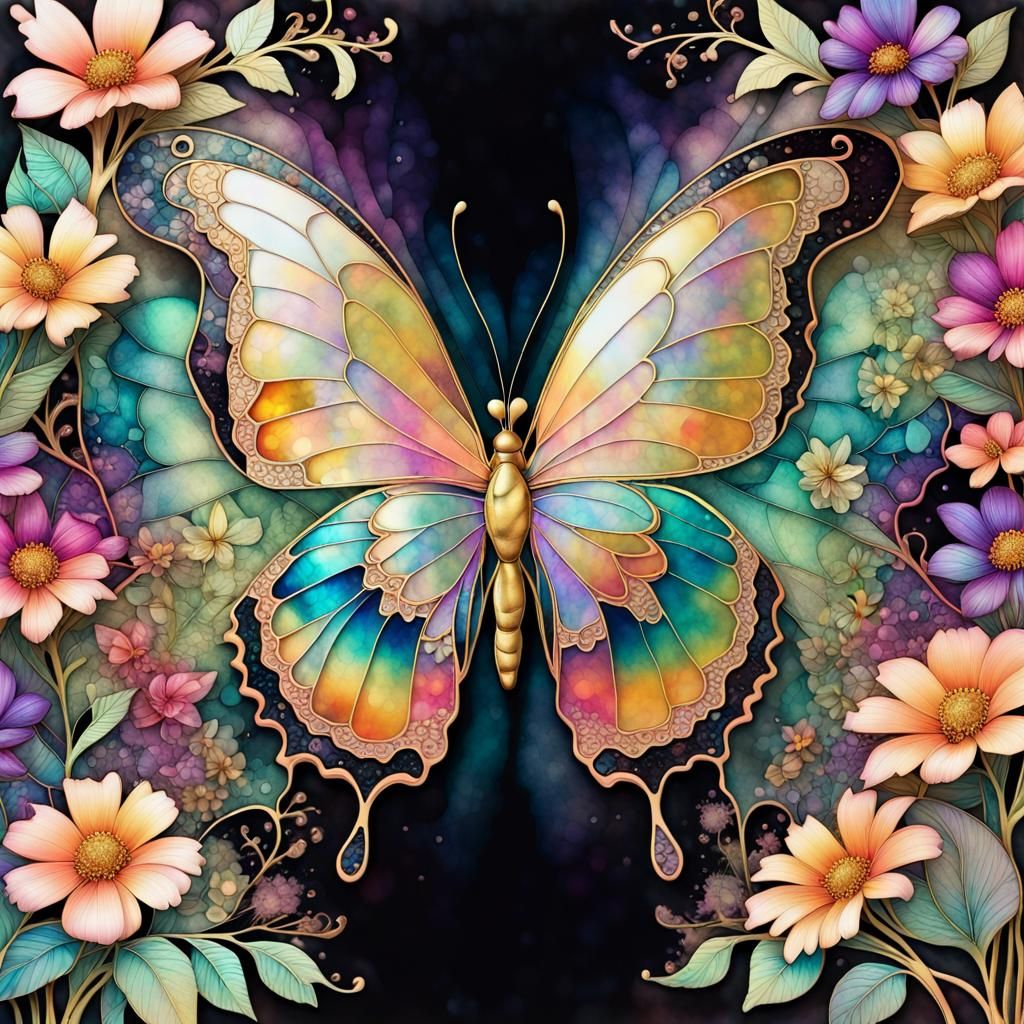 Iridescent Butterfly in Lush Summer Garden