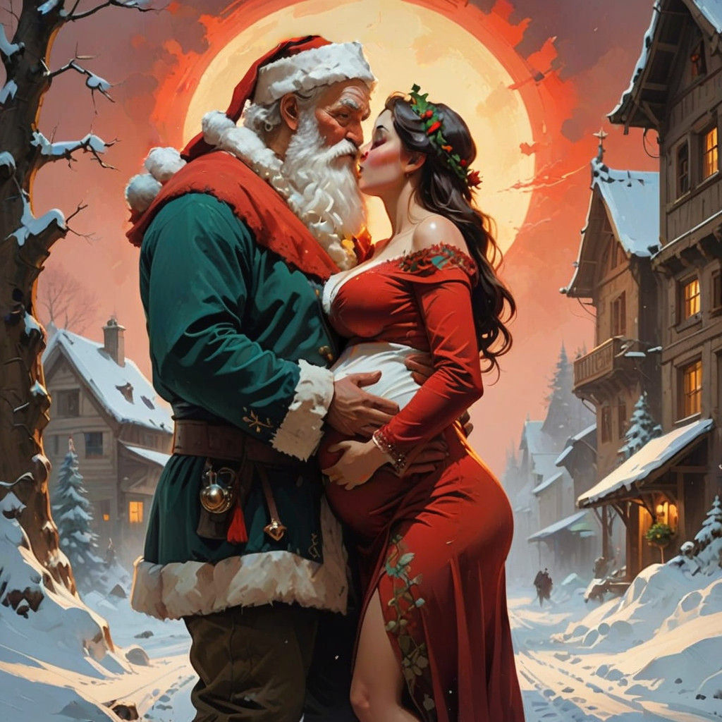 Santa Claus Kissing a Pregnant Woman in a Majestic Oil Paint...