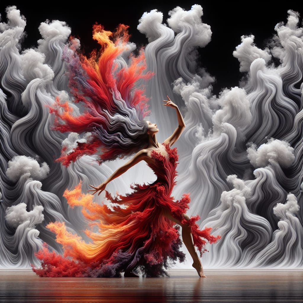 Flaming Dancer in Smoky Stage, Hyperrealistic