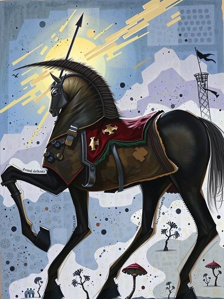 Baroque oil painting. Medium shot. Don Quixote riding Rocina...