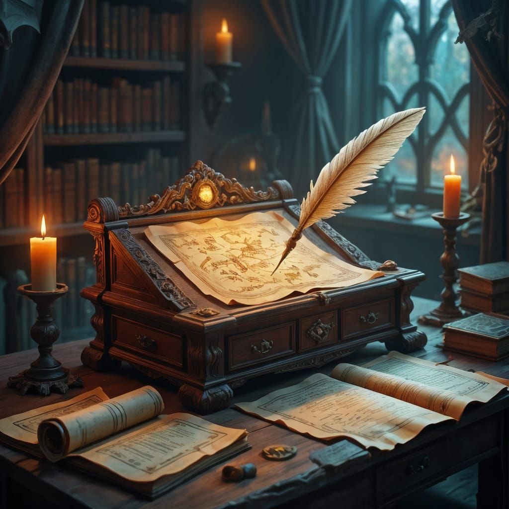 Mystical Writing Desk in Candle-Lit Fantasy Room