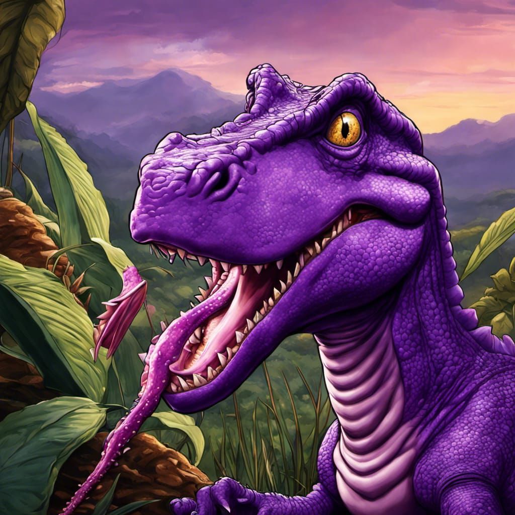 Barney the Dinosaur Eating Lizard in Anime Style