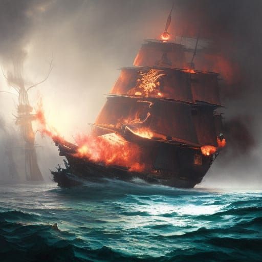 Pirate Ship in Battle, Romanticism Style